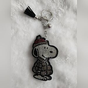 Snoopy With Gray Coat And Hat Rhinestone Keychain with Tassel Bag Charm